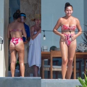 A atriz e modelo Christine Diane Teigen é flagrada em praia com a família 