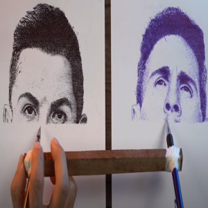 A impressora humana desenha dois retratos ao mesmo tempo