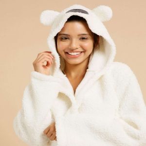 Robe Feminino Chenille Capuz Urso Manga Longa