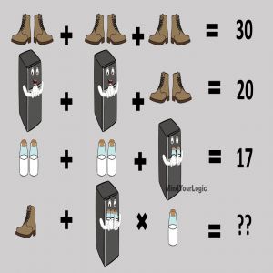 Desafio do quebra-cabeça matemático : Tênis - Caixa- Garrafa